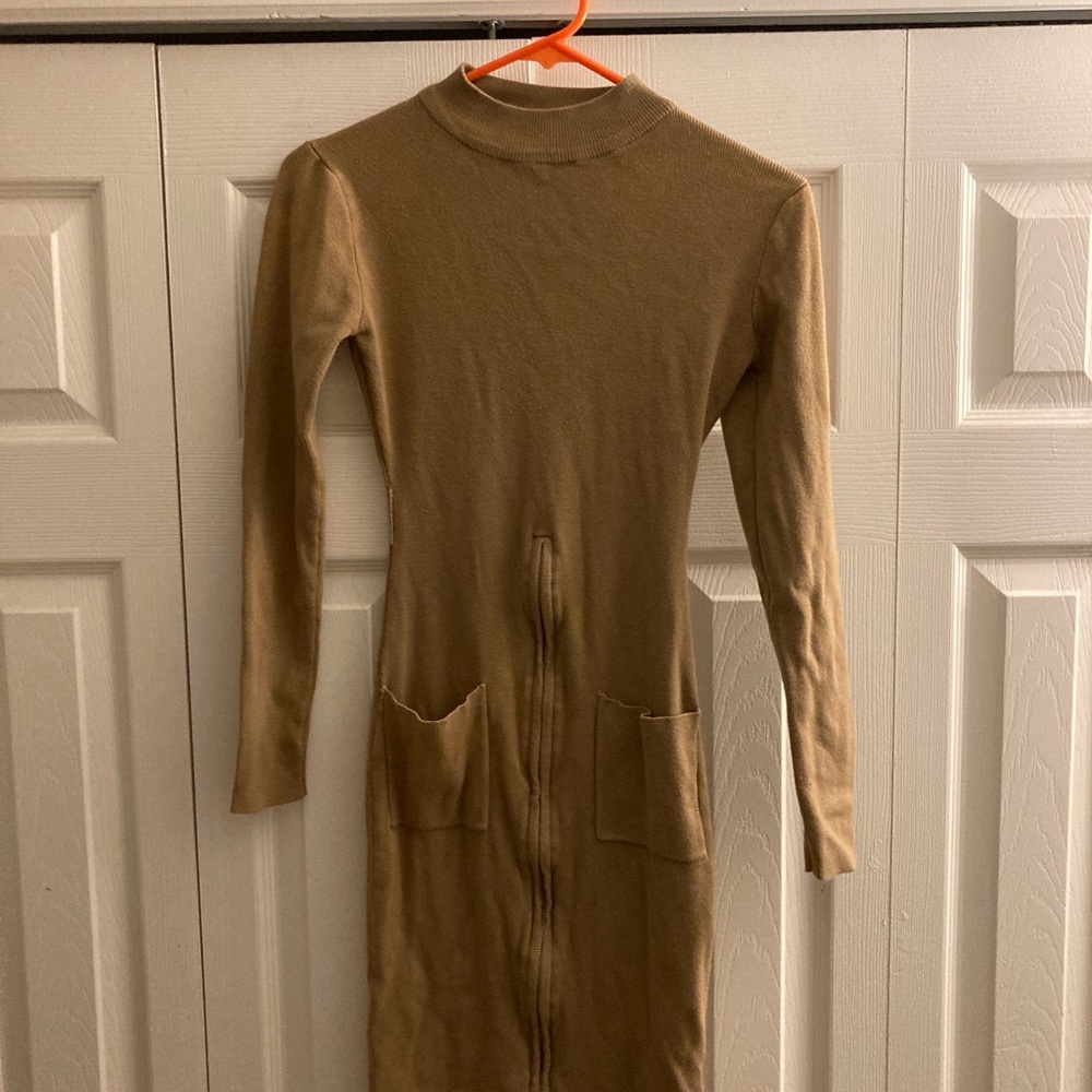 Tan Long Sleeve Dress with Pockets